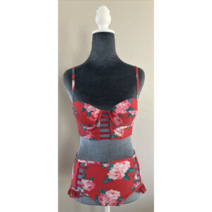 Betsey Johnson Bikini Swimsuit Set Floral Red Lace Trim Padded Pin Up Girl Small